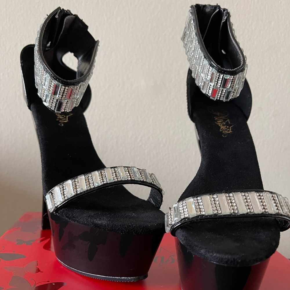 Exotic 6” black Heel, 1 3/4" Platform Ankle Cuff Sandal
